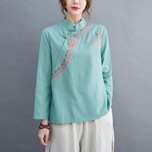 Women Long Sleeve Cotton Linen T-shirts New Arrival 2021 Autumn Chinese Style Vintage Embroidery Loose Female Tops Tees B927