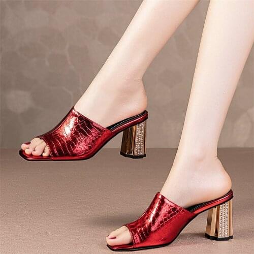 2021 Women Genuine Leather Open Toe Slippers Female Wedding Party Chunky High Heels Mules Summer Outdoor Pumps Shoe Casual Shoes