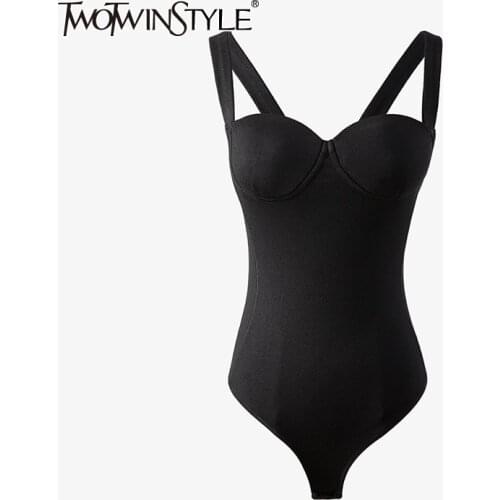 TWOTWINSTYLE Sexy Black Slim Bodysuit For Women V Neck Sleeveless High Waist Solid Jumpsuit Female Fashion New Clothing 2021