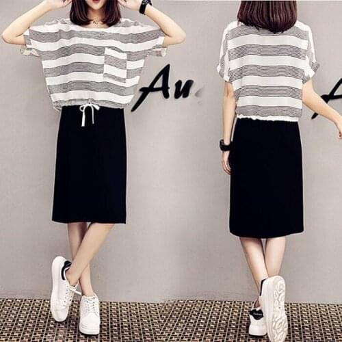 Womens New Two pieces Loose Striped tops and Black Shirt Dress set