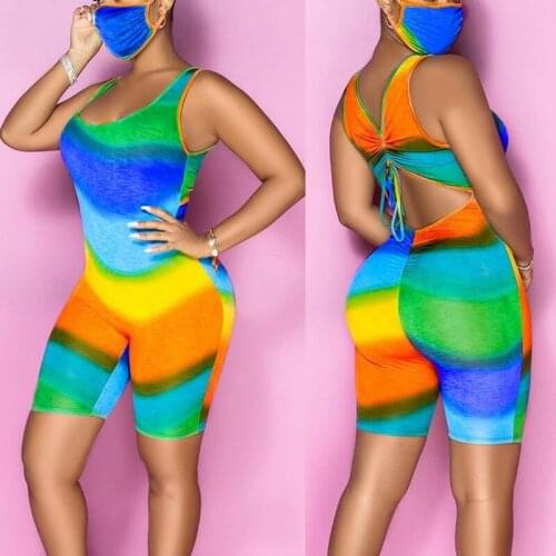 Backless Short Playsuit Back Women Multi-color Printed Skinny Jumpsuit Sexy Bodysuits Rompers Shorts