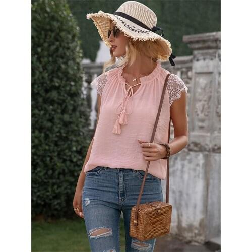 Pink Loose Solid Color Top Shirt Top 2021 Summer New Style Womens Hollow Lace Stitching Lace V-neck Femme Blusas