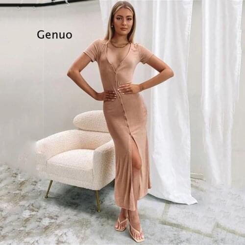 Summer Single-Breasted Bodycon Maxi Dresses for Women Short Sleeve See Through Beach Dress Solid V-Neck Party Vestidos