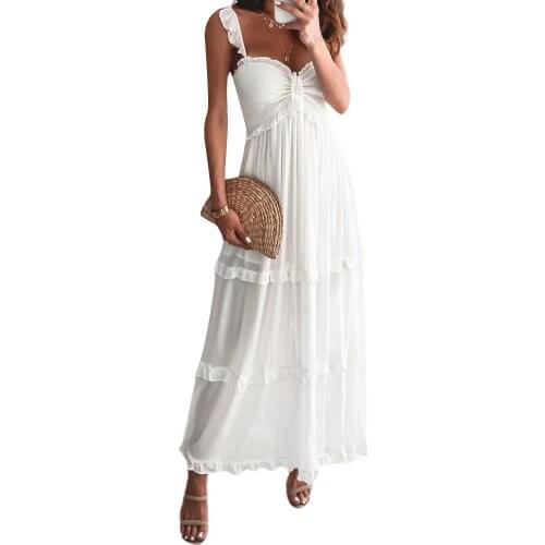 Women Dress Ruffle Strap Summer Holidy Beach Sexy V Neck Sleeveless Drawstring Ruched A-Line Long Dress
