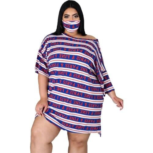 Echoine Plus Size Loose Waist Letter Stripe Dress Casual Hedging Mid-Skirt Multicolor Outfit Punk Rave Dress