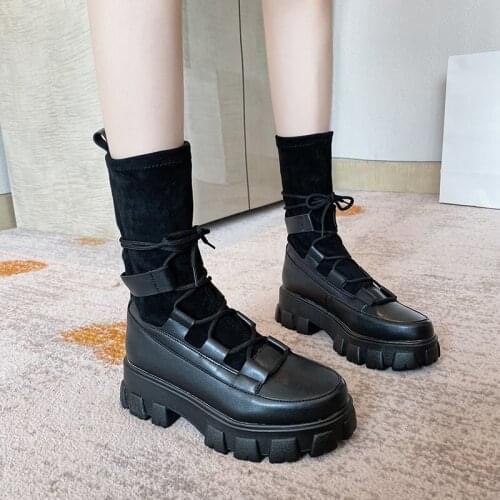 Winter Womens Chunky Boots 2021 Platform Fashion High Heel Shoes Ankle Booties Thick Shoe Woman Ladies Flat Botas New Designers