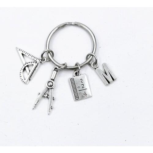 1pc A-Z Jewelry Teacher Key Chains Studant Keyring Ruler Pencil Compass Charms For Gift