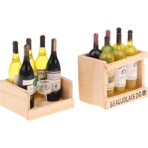 2 Sets Miniature Wine Drink Bottles Goblet & Magnet Wood Box 1/12 Dollhouse