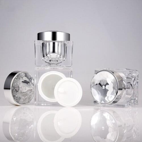 50Pcs 50g Acrylic Square Clear Cream Jars with Crystal Diamond Top Lids for Creams Lotion Make Up Cosmetics Samples Herbs