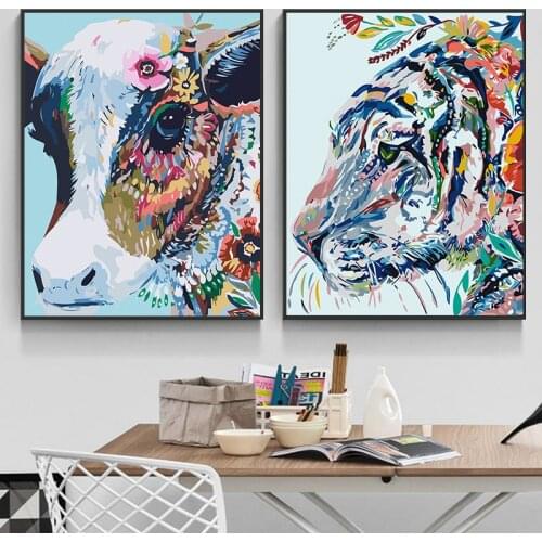 Abstract Colorful Cow n Tiger Canvas Painting Posters Print Unique Wall Art Pictures For Living Room Bedroom Kids Room Aisle