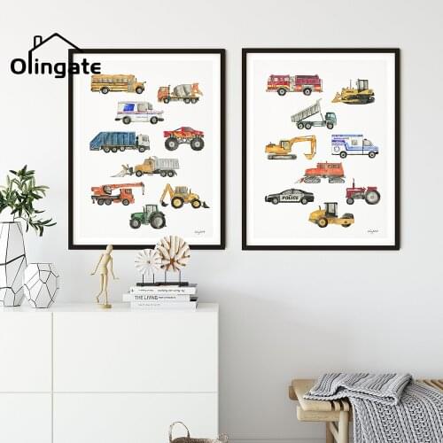 Nursery Truck Artwork Picture Posters Cartoon Transportation Vehicle Wall Art One Piece Canvas Painting Room Decor for Boys Room