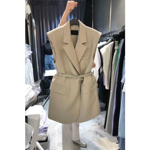 Nomikuma Elegant Notched Collar Sleeveless Woman Blazer Vest Fashion Belt Slim Waist Jacket 2021 Autumn New Blazers Vests 6Z135