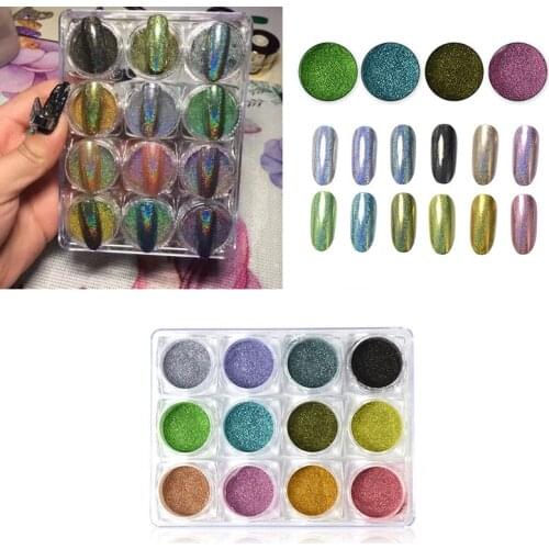 12Pcs/Set Holographic Glitter Peacock Powder Polishing Chrome Nail Laser Gitter Powder Dazzling Rainbow Colors Fine Pigment Dust