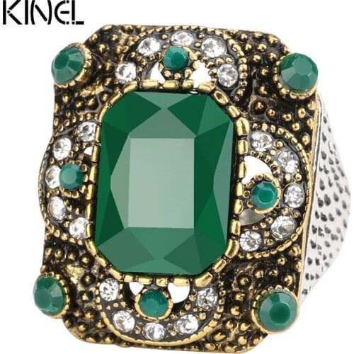 Kinel Turkish Rings For Women Antique Gold Green Resin Hollow Out Square Party Big Ring Vintage Jewelry 2017 New
