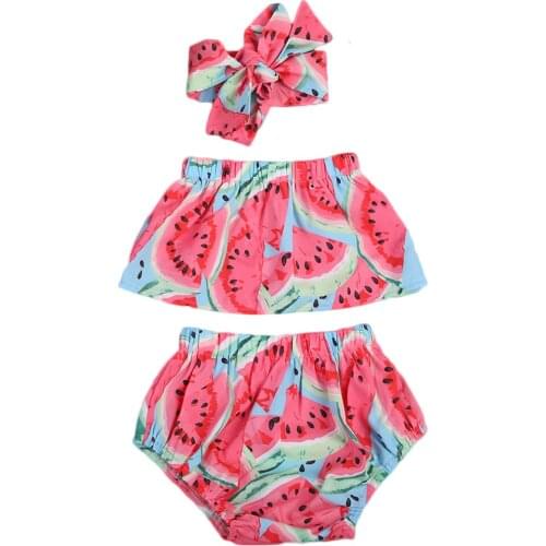 Newborn Kids Infant Baby Girls Clothes Sets 3Pcs Outfit Watermelon Print Off Shoulder Tops+Shorts+Bowknot Headband Baby Sets