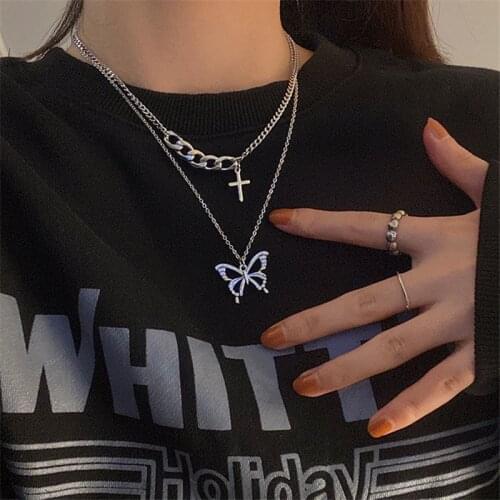 Punk Multilayer Necklace Creative Cross Butterfly Pendant Necklace Hip Hop Chains Necklace for Women Fashion Jewelry Gift