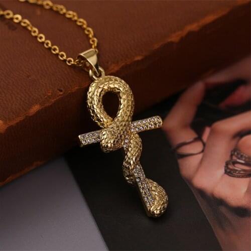 Trendy Womens Cubic Zirconia Copper Metal Snake Ankh Cross Pendants Necklaces Stainless Steel Gold Color Chain Necklace Jewelry