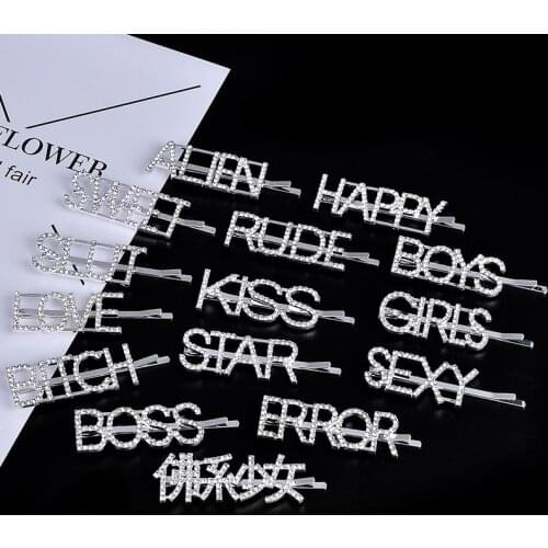 1 Pcs New Fashion Crystal Hairpin Shiny Rhinestones Letters KISS HAPPY SWEET Hair Clips Hair Accessories Girls Dropshipping
