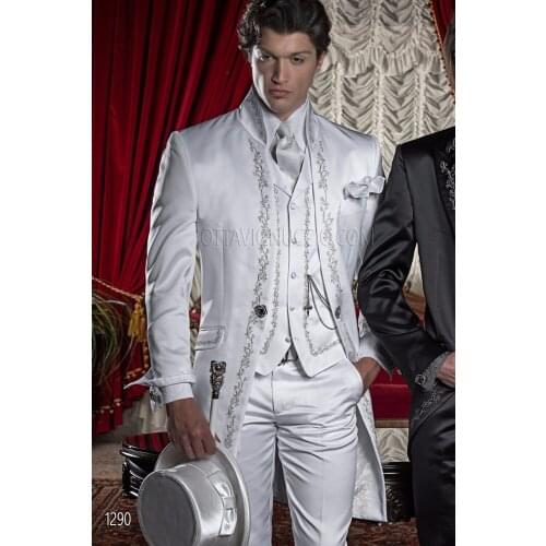 New Arrival Embroidery Groomsmen Mandarin Lapel Groom Tuxedos Men Suits Wedding/Prom Best Man Blazer ( Jacket+Pants+Vest+Tie)A56