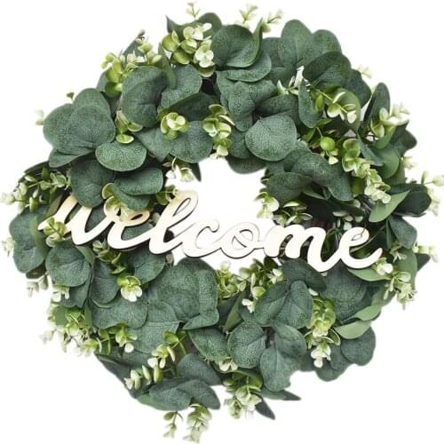 New Artificial Eucalyptus Leaves Decorations Wreath Christmas Wreath Holiday Decor with Welcome Wood Board