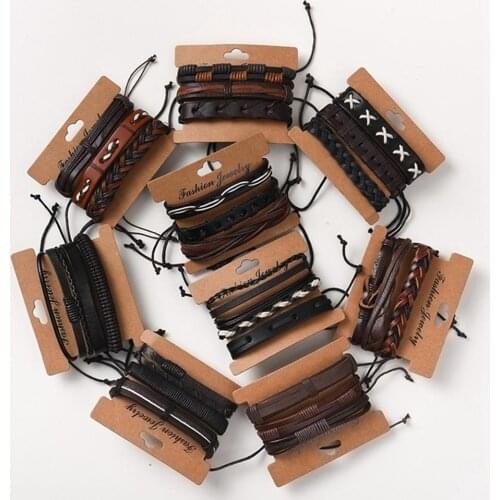 Wholesale 10Set/Lot (3in1/Set) Vintage Handmade Mens Bangle Bracelet Womens Braided Leather Bracelet Adjustable Jewelry