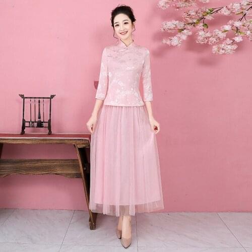 Autumn A-line Three Quarter Sleeve Knee-length Stand Collar Two-piece Floral Print Vintage Adult Ceremony Bridesmaid Dress 9849