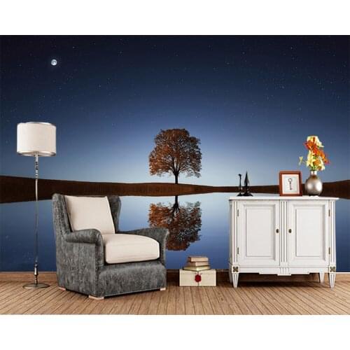 Papel de parede Tree near lake at night landscape 3d wallpaper,living room bedroom wall papers home decor bathroom mural