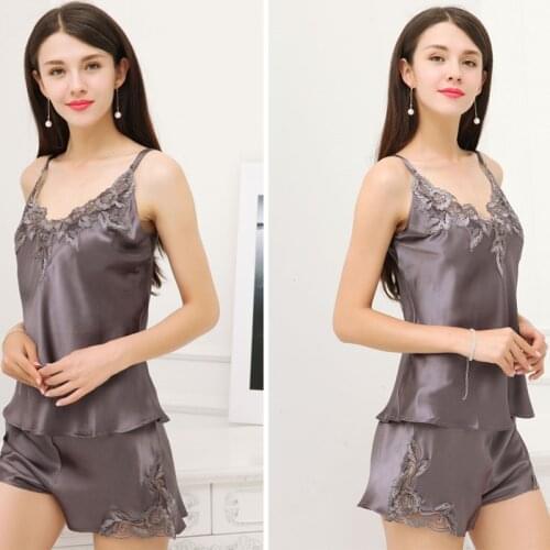100% Mulberry Silk Sleepwear Sexy Real Silk Women Strap Short Pajama sets M L XL Free Shipping