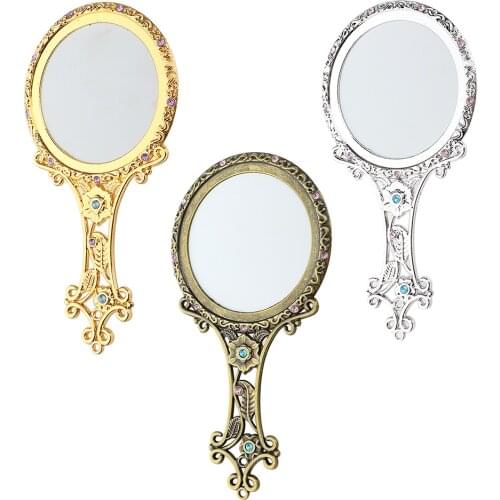 Portable Vintage Hand Held Mirror Travel Compact Makeup Beauty Mirrors Pocket-Sized Metal Glass Mirror Vanity Dresser Decor