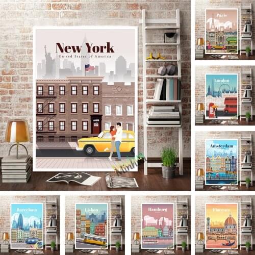World Travel City Poster New York Amsterdam London Barcelona Paris Tokyo Seoul Wall Stickers Canvas Art Prints Home Decoration
