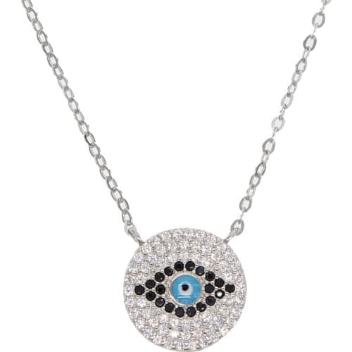 Simple geometric Round disk pendant micro pave evil eye shape 925 sterling silver cz eye necklace