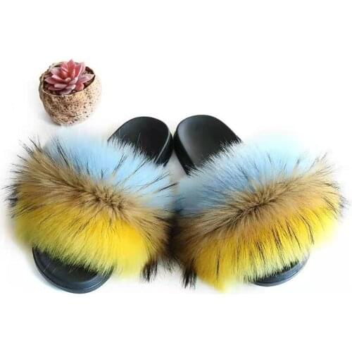 Color Faux Fox Fur Slides Summer Ladies Furry Sandals Casual Flat Shoes Fake Fur Slippers Drop Shipping Women Shoes 2021 TX408