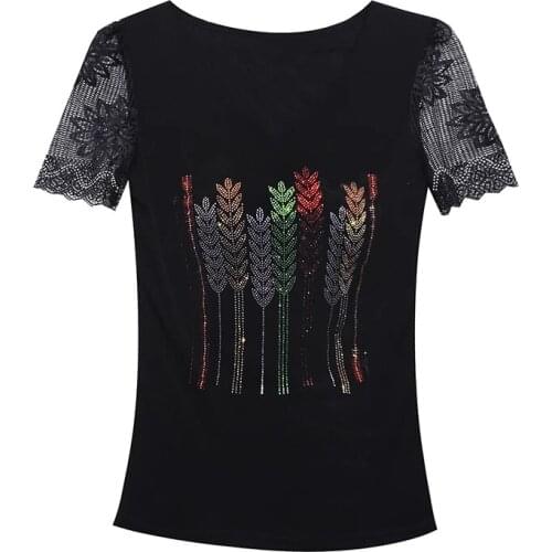 Summer Korean Style T-Shirt Fashion Sexy Shiny Diamonds Shirt Patchwork Lace Women Tops Ropa Mujer All Match Tees 6615