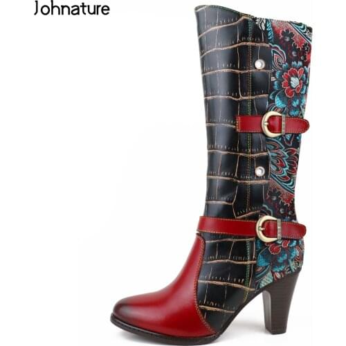 Johnature Genuine Leather Platform Boots Zip Women Shoes 2020 New Autumn Winter Print Round Toe Short Plush Sewing Women Boots