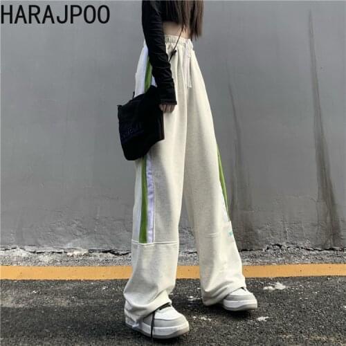 Harajpoo Women Pants 2021 Spring Autumn Korean INS Trendy Girls High Waist Straight Casual Loose Wide-Leg Sports Long Trousers