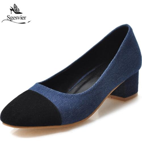 Sgesvier Spring Plus Size 32-45 Blue Denim Pumps Women Block Med Heels Ladies Square Toe Casual Gladiator Shoes Woman G203