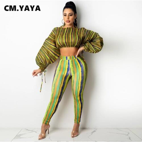 CM.YAYA Women Pants Set Striped Shirring Sleeve Crop Tops + Pencil Pants Two 2 Piece Sets Sexy Fashion Outfits Autumn 2021