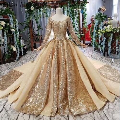 Glitter Champagne Gold Long Sleeves Ball Gowns Wedding Dresses Boat Neck Sequined Vestido De Novia 2020 Colorful Bridal Gowns