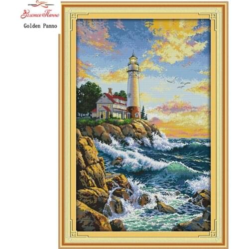 Golden Panno,The seaside lighthouse, counted printed on fabric DMC 14CT 11CT Cross Stitch kits,embroidery needlework Sets 0123