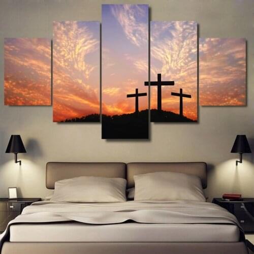 5 wall art photos Christian cross sunset painting on the canvas print