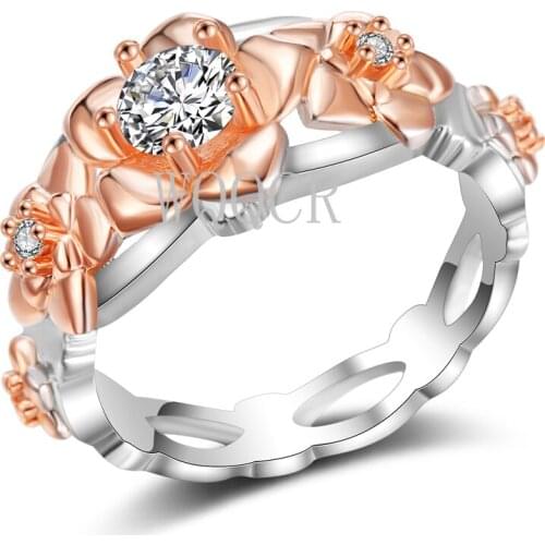 AAAA Grade Ladies Flower-Shaped Ring White Zircon Inlaid Two-Tone Rose Gold Wedding Engagement Ring Love Gift Jewelry Accessorie