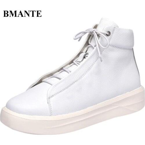 Bmante Genuine Leather Men Shoes Solid White Casual Trainers High Top Ankle Boots Lace-Up Owen Gothic Flat Sneaker High Street