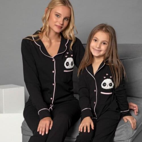 Mother Daughter 2 Set Cotton Pink Colorful Patterned Pajamas Set Special Design Family Nightwear Sleep Comfort Black Gray