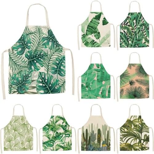 1pcs Women Men Tropical Monstera Cactus Cotton Linen Aprons for Kitchen 53*65cm Home Cooking Baking Cleaning Accessories
