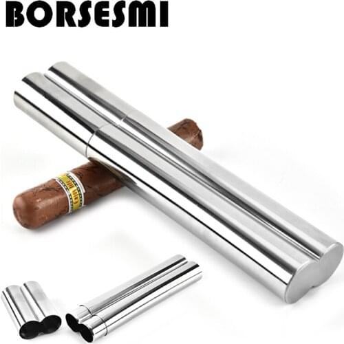 Hot sale Stainless steel Double cigar tube 2 in 1 portable metal Humidor 2pcs travel cigar case pocket smoking gadgets