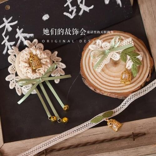 Matcha Green Mori Girl Headpiece Lolita Girl Kawaii Hairpin Birdcage Lace Bowknot Side Clip Leaf Choker Necklace Bells Headwear