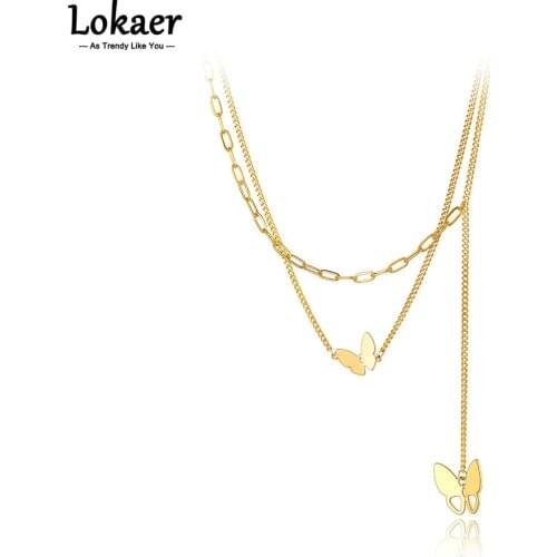 Lokaer Trendy Bohemia Stainless Steel Double-layer Butterfly Charm Choker Necklace Beach Chain Necklace For Women Girls N21138