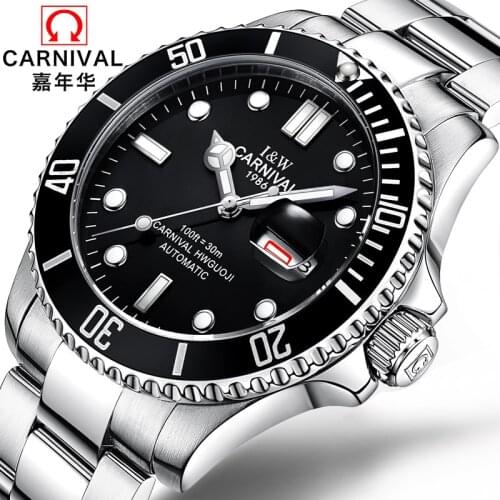 Fashion Sport Watch Switzerland CARNIVAL Swimming Automatic Watch men Calendar Week Luminous full steel Strap Mechanical watches