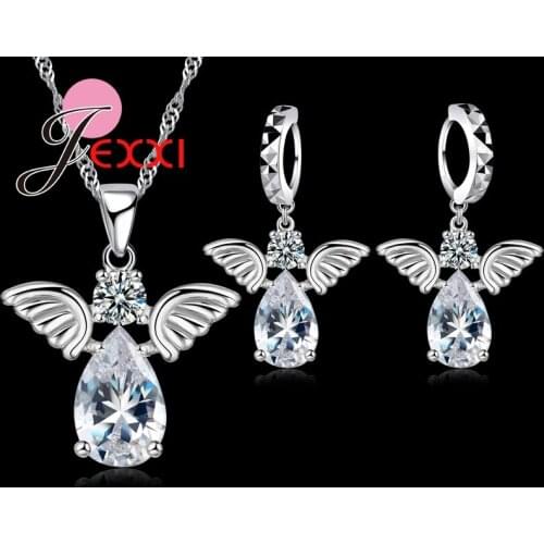 Cute Angel Shape Jewelry Sets Crystal 925 Sterling Silver Pendant Necklace And Earring Set For lady Gifts Birthday Free Ship