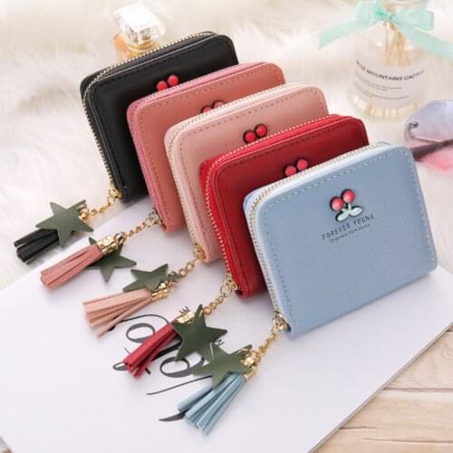New Zipper Bag Cherry Small Wallet Women Lady Short Purses Simple Small Print Cartoon Student Card Holder Portafoglio Donna